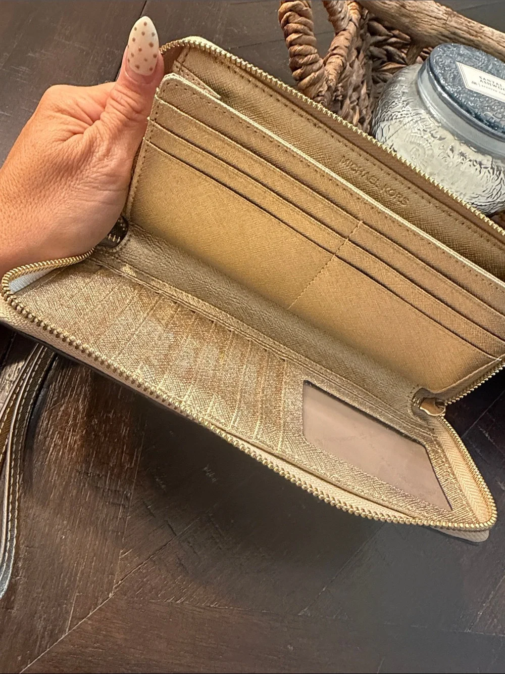 Michael Kors Beige and Brown Logo Zip Wristlet